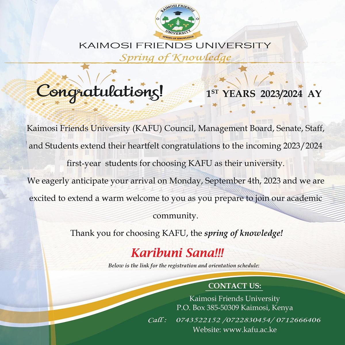 Kaimosi Friends University Welcome message0