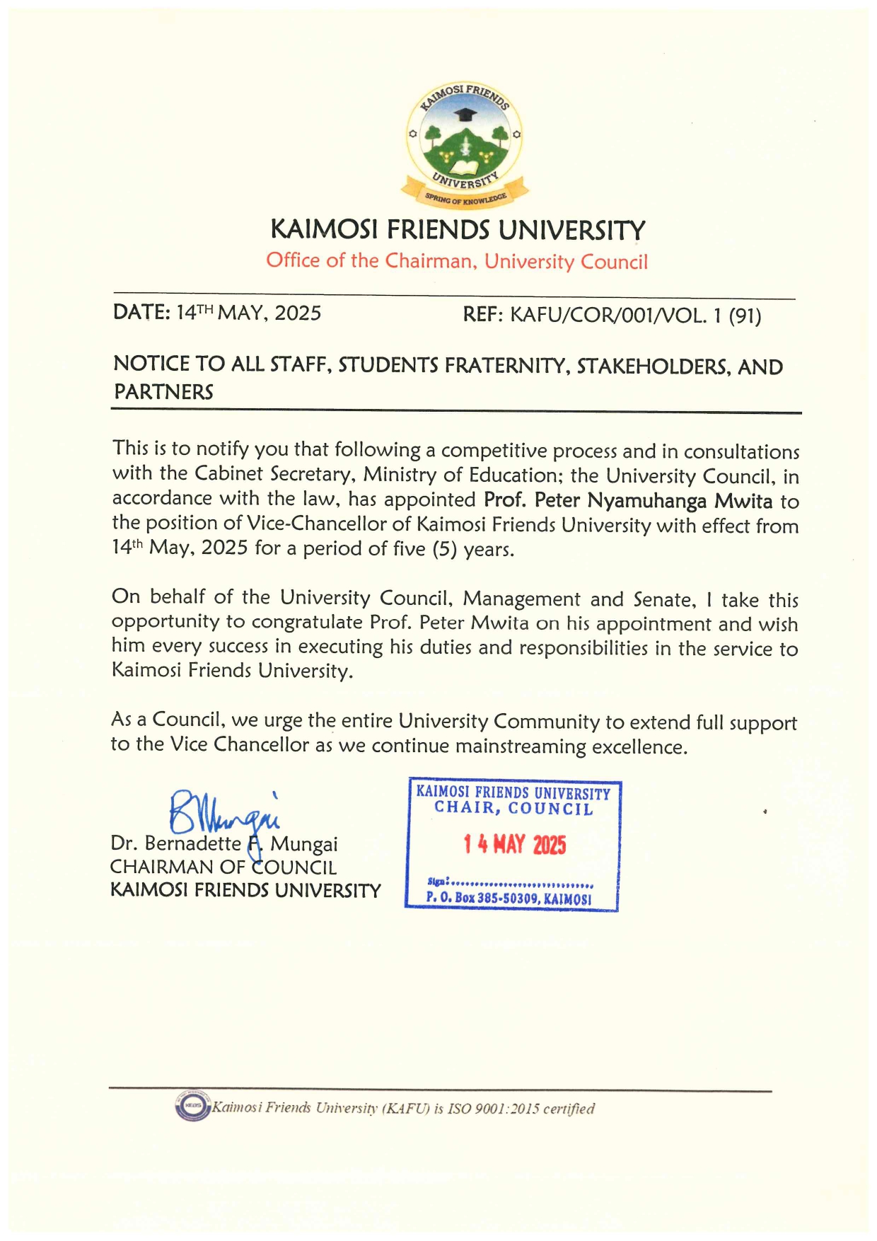 APPOINTMENT OF VICE CHANCELLOR KAIMOSI FRIENDS UNIVERSITY page 0001