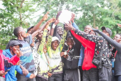 Members of the KAFU Ultimate Frisbee team celebrate after securing a place in the finals of the Crying Stone East Africa Ultimate Championships.