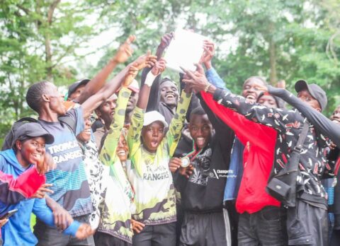 Members of the KAFU Ultimate Frisbee team celebrate after securing a place in the finals of the Crying Stone East Africa Ultimate Championships.