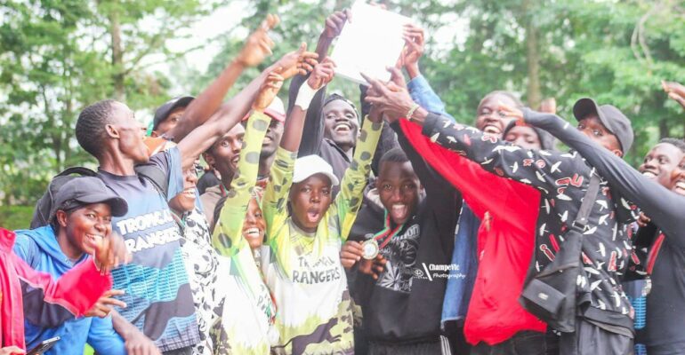 Members of the KAFU Ultimate Frisbee team celebrate after securing a place in the finals of the Crying Stone East Africa Ultimate Championships.