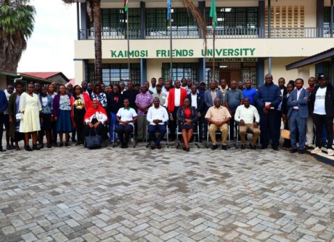 Participants and facilitators pose for a group photo after the successful e-GP sensitisation forum at Kaimosi Friends University.