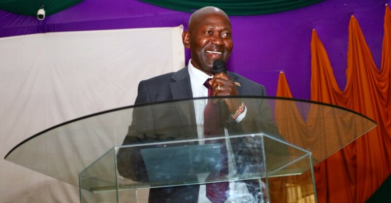 Vice Chancellor Prof. Peter Mwita addresses fourth-year teacher trainees during the opening of the Competency-Based Education (CBE) training at Kaimosi Friends University.